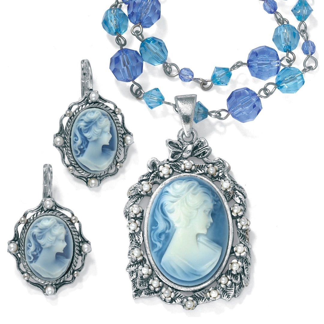 Cameo and Pearl Accent Silvertone Antique Finish 2-Piece Cameo Jewelry Set Image 1