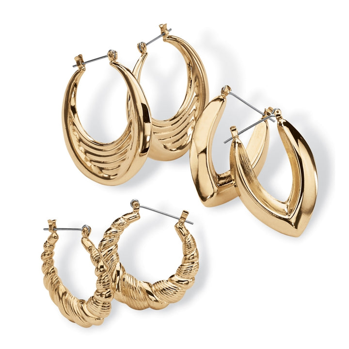 3 Pair Hoop Earrings Set in Yellow Gold Tone Image 1