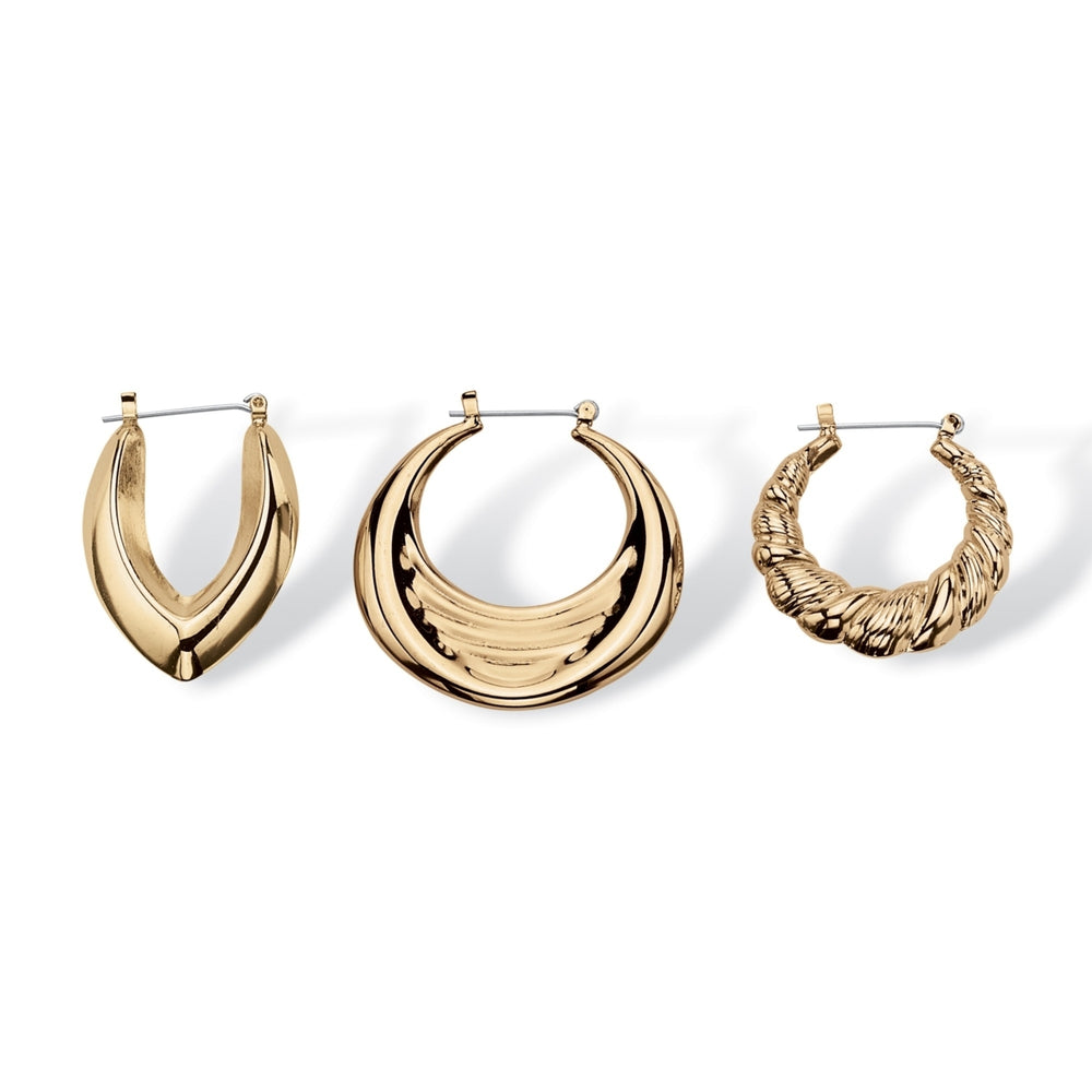 3 Pair Hoop Earrings Set in Yellow Gold Tone Image 2