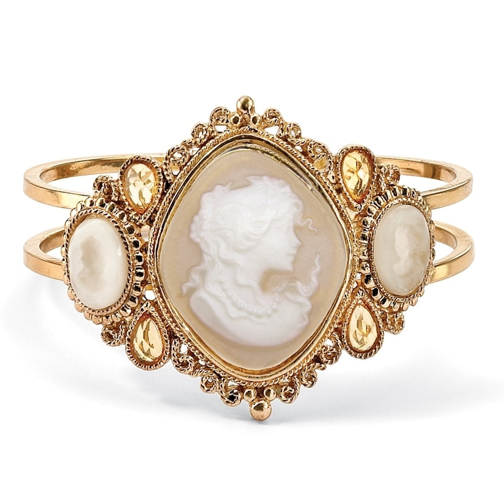 Vintage Style Cameo Hinged Bangle Bracelet in Yellow Gold Tone 7 1/2" Image 1