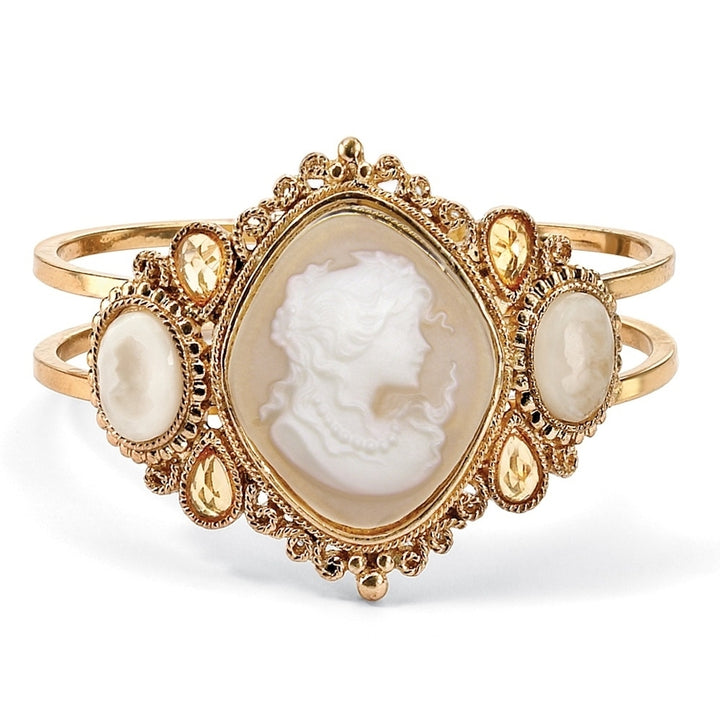 Vintage Style Cameo Hinged Bangle Bracelet in Yellow Gold Tone 7 1/2" Image 1