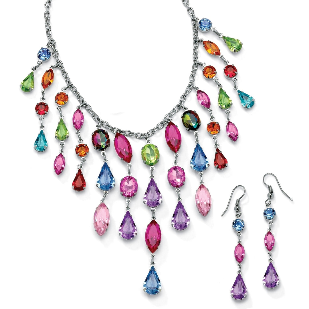 Multicolor Crystal Bib Necklace and Earrings Two-Piece Set in Antiqued Silvertone Image 1