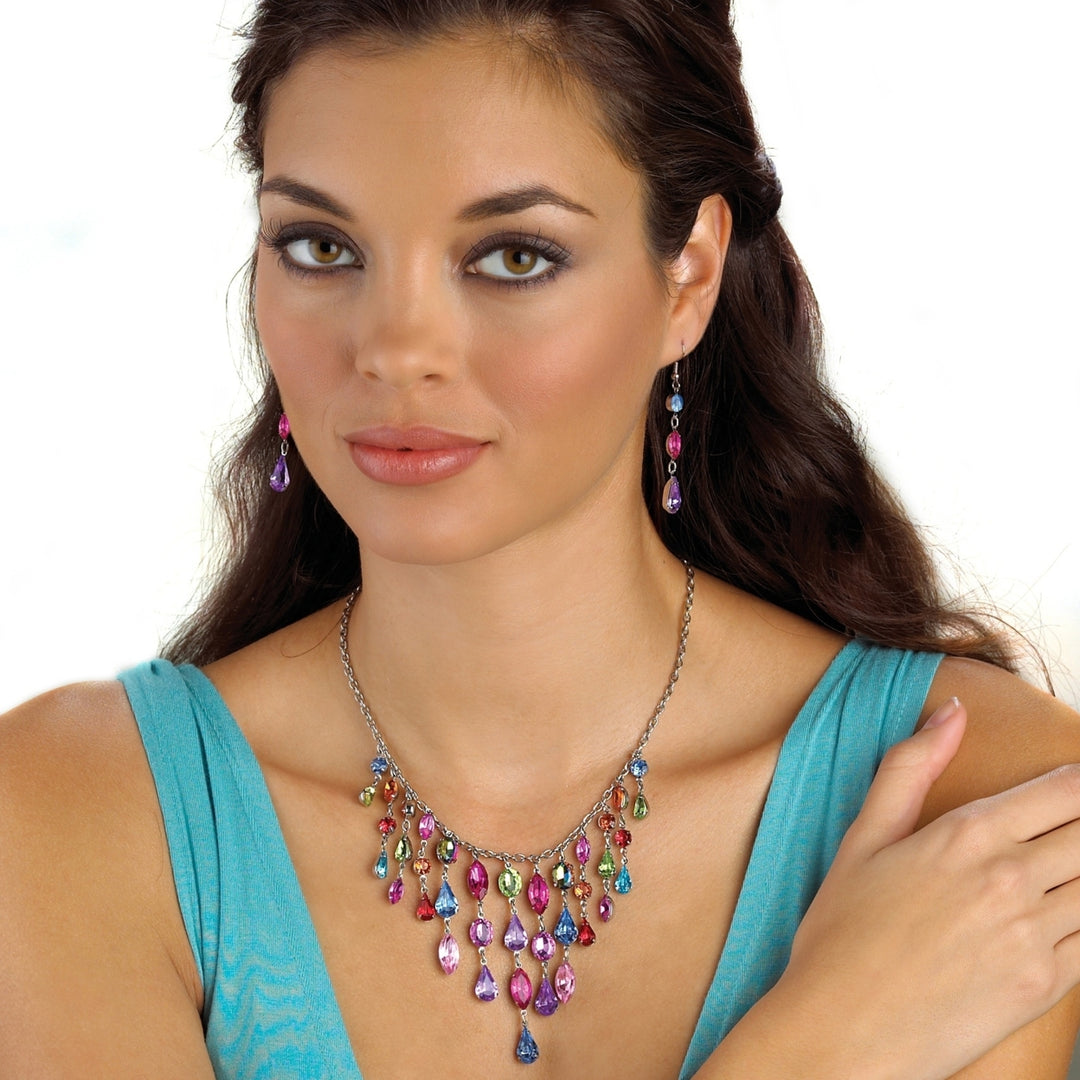 Multicolor Crystal Bib Necklace and Earrings Two-Piece Set in Antiqued Silvertone Image 3