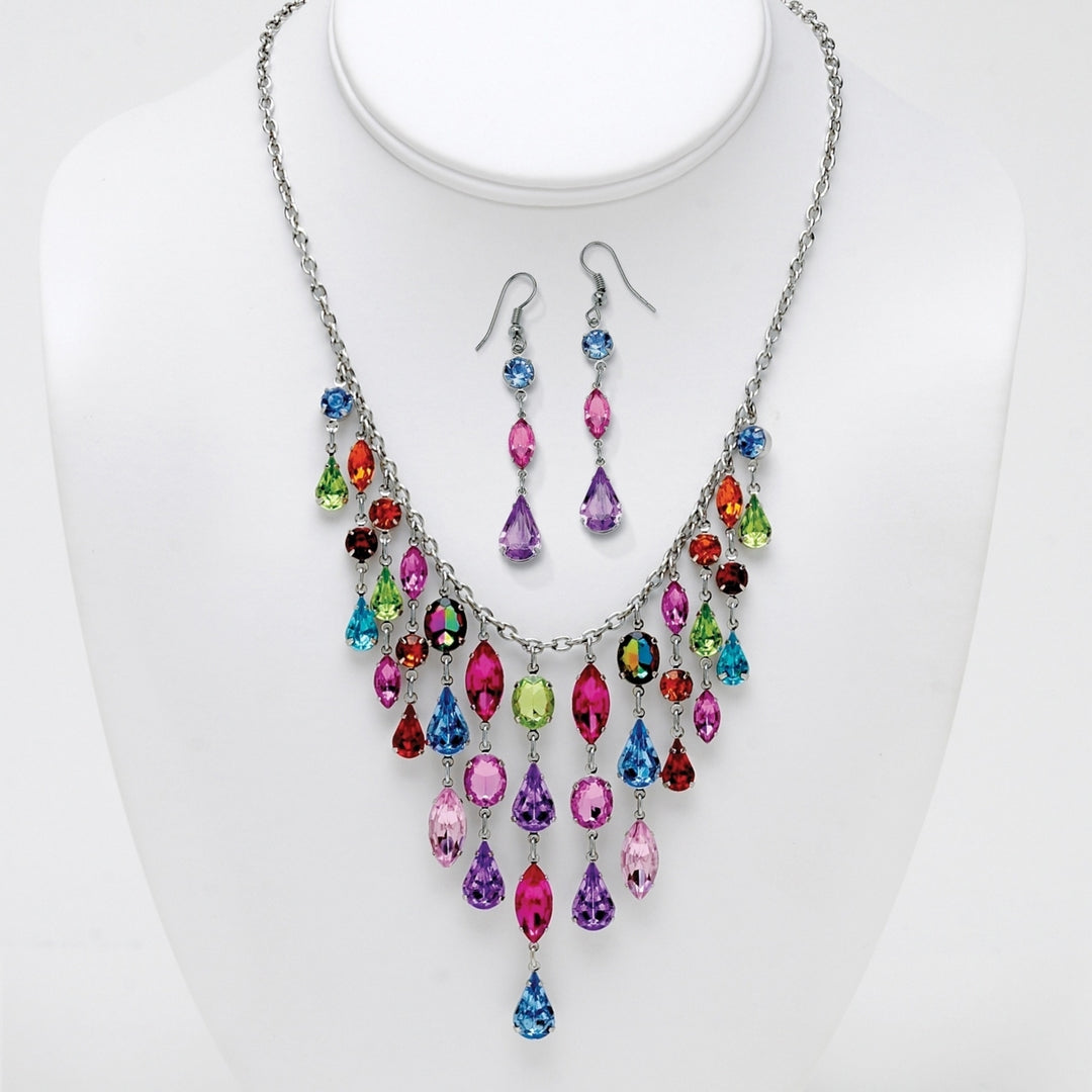 Multicolor Crystal Bib Necklace and Earrings Two-Piece Set in Antiqued Silvertone Image 4