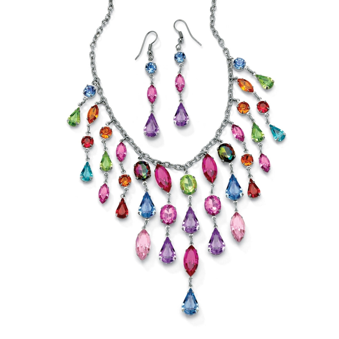 Multicolor Crystal Bib Necklace and Earrings Two-Piece Set in Antiqued Silvertone Image 6
