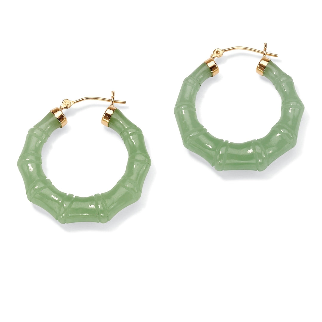 Genuine Green Jade 14k Yellow Gold Bamboo-Style Hoop Earrings Image 1