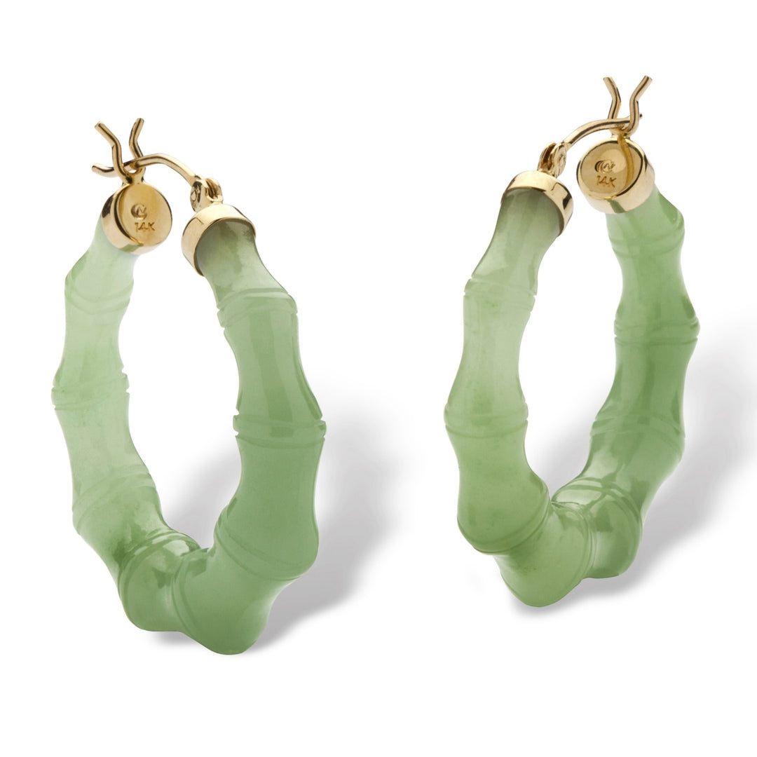 Genuine Green Jade 14k Yellow Gold Bamboo-Style Hoop Earrings Image 2