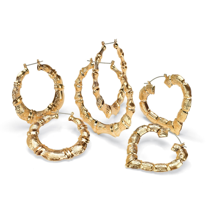 3 Pair Bamboo Style Hoop Earrings Set in Yellow Gold Tone Image 1
