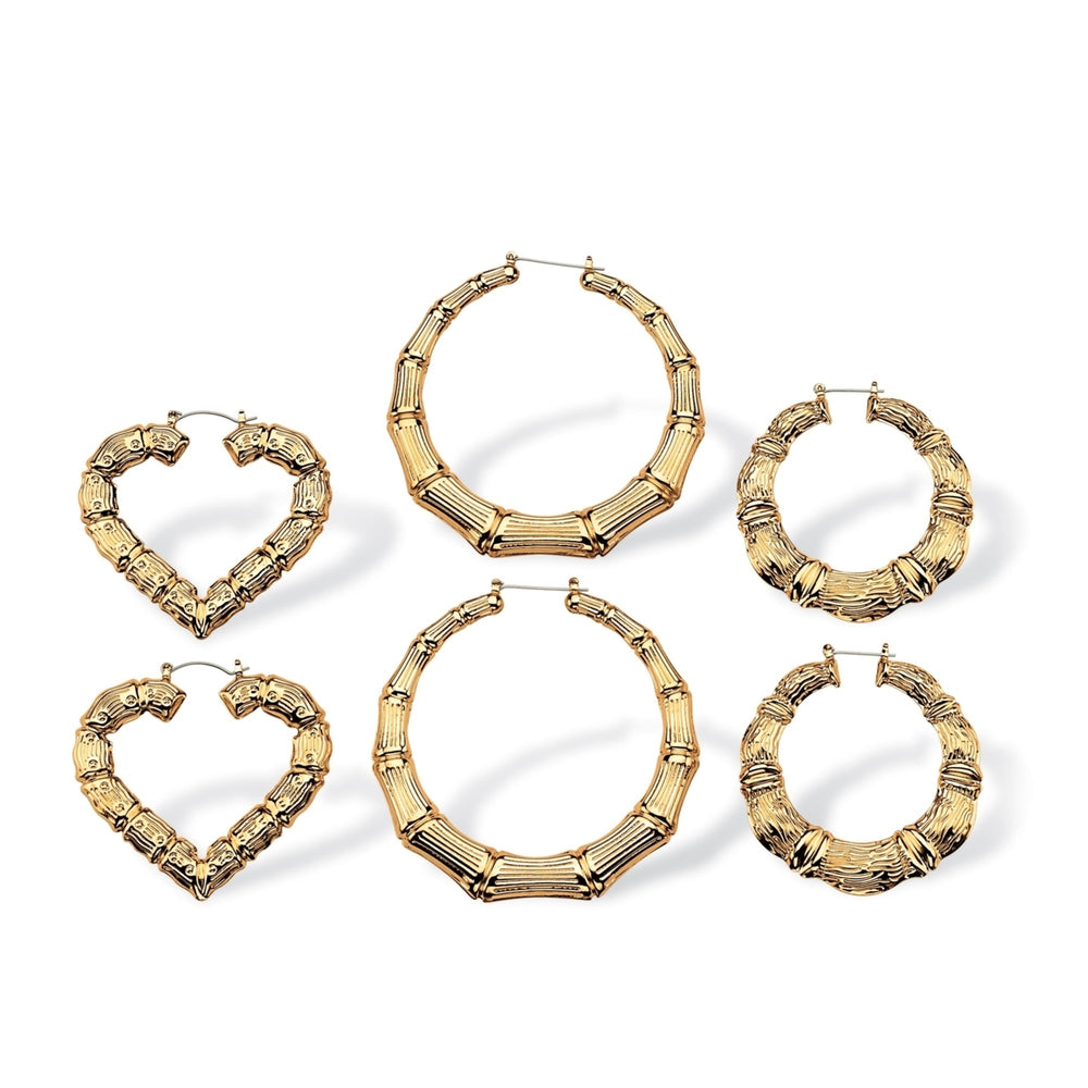 3 Pair Bamboo Style Hoop Earrings Set in Yellow Gold Tone Image 2