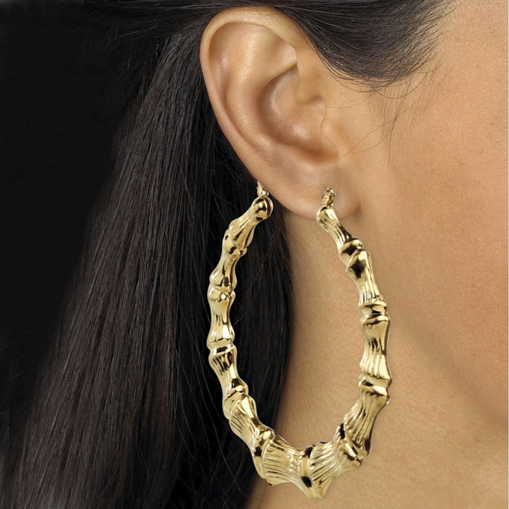 3 Pair Bamboo Style Hoop Earrings Set in Yellow Gold Tone Image 3