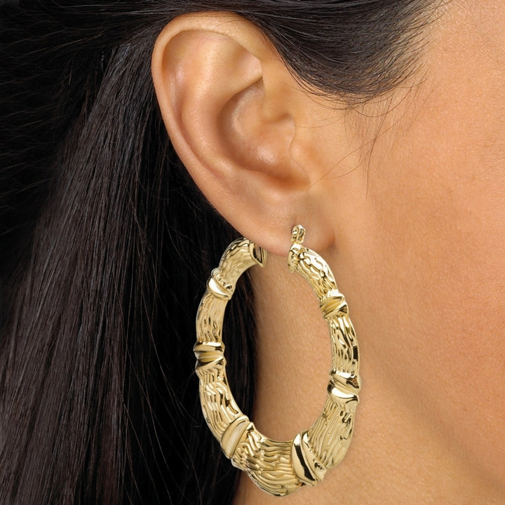 3 Pair Bamboo Style Hoop Earrings Set in Yellow Gold Tone Image 4