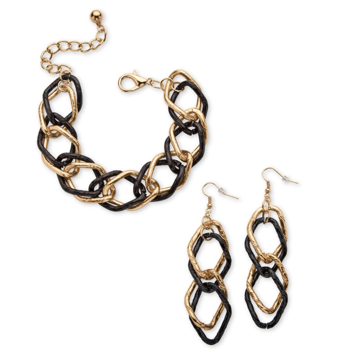 Gold Tone Black Ruthenium-Finish 2-Piece Curb-Link Bracelet 8" and Drop Earrings Set Image 1