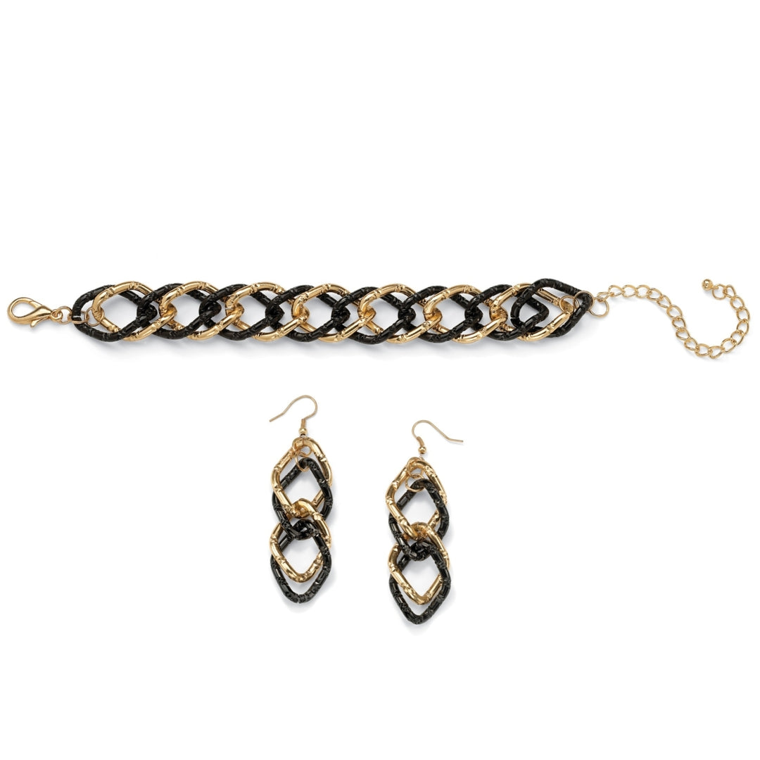 Gold Tone Black Ruthenium-Finish 2-Piece Curb-Link Bracelet 8" and Drop Earrings Set Image 4