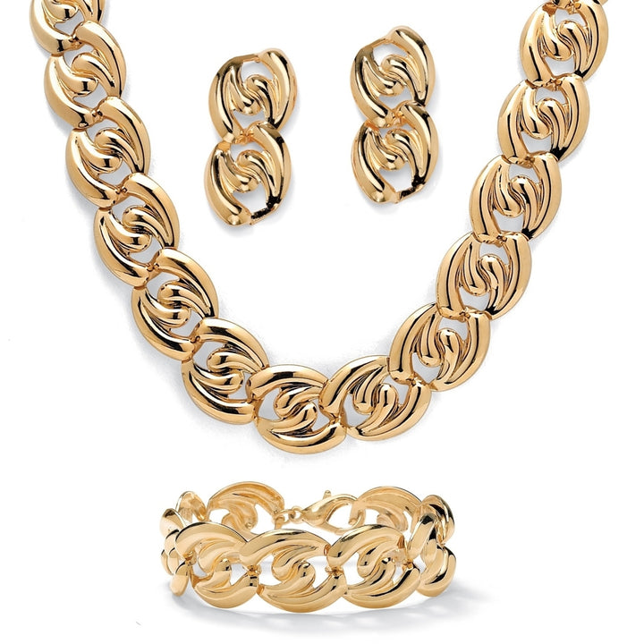 3 Piece Twisted Curb-Link NecklaceBracelet and Drop Earrings Set in Yellow Gold Tone Image 1