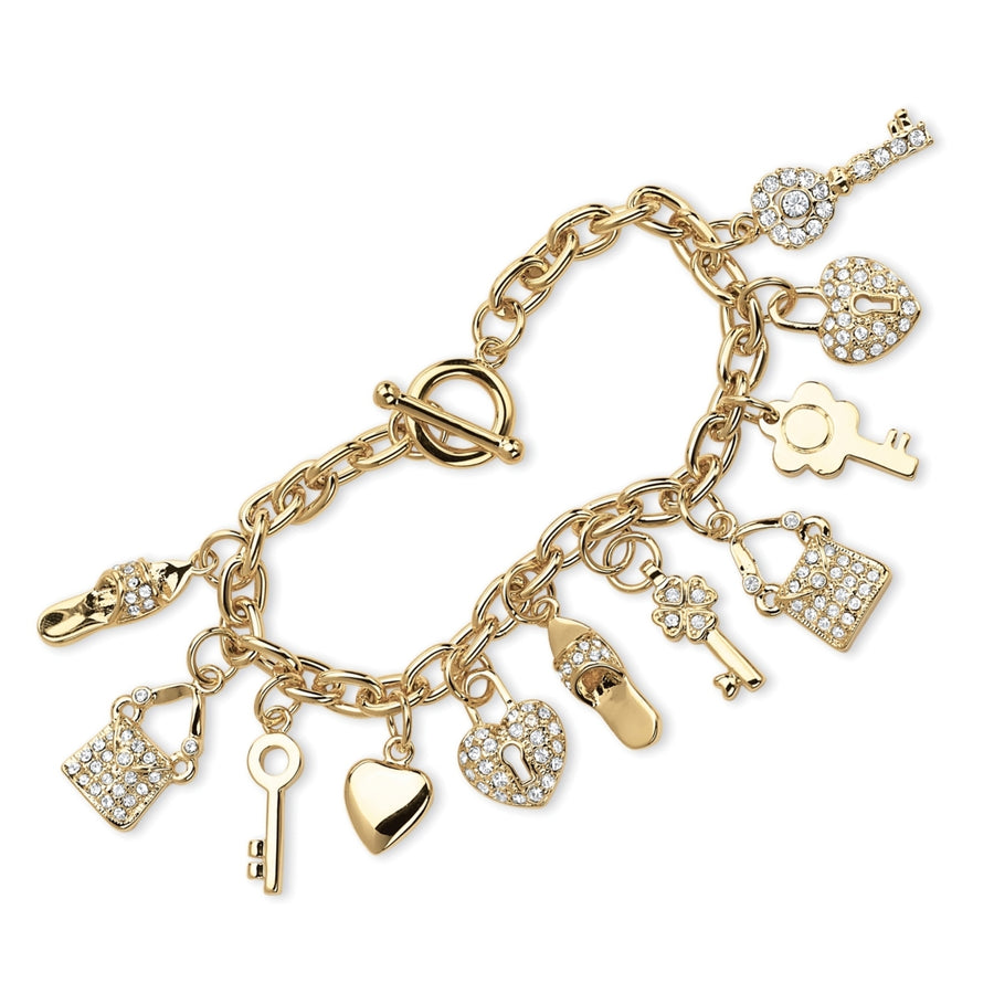 Round Crystal 14k Yellow Gold-Plated ShoePurseHeart Lock and Key Charm Bracelet 7 1/2" Image 1