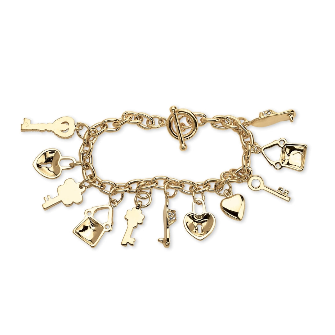 Round Crystal 14k Yellow Gold-Plated ShoePurseHeart Lock and Key Charm Bracelet 7 1/2" Image 2