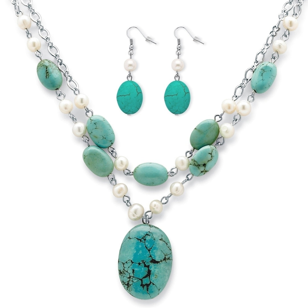 Genuine Turquoise and Cultured Freshwater Pearl Silvertone Necklace and Earrings Set Image 1