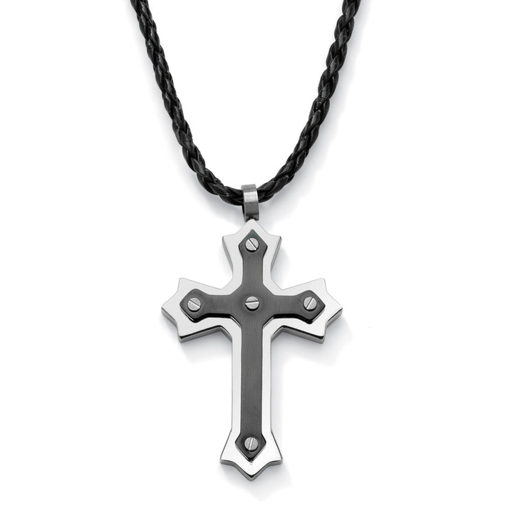 Cross Pendant and Rubber Necklace in Stainless Steel and Black Ion-Plated Stainless Steel Image 1