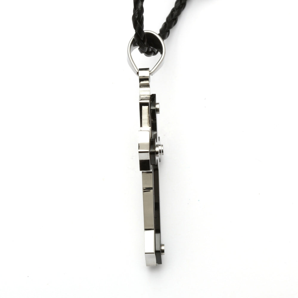 Cross Pendant and Rubber Necklace in Stainless Steel and Black Ion-Plated Stainless Steel Image 2