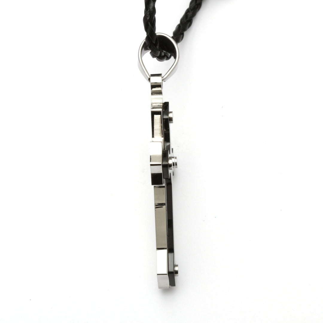 Cross Pendant and Rubber Necklace in Stainless Steel and Black Ion-Plated Stainless Steel Image 2