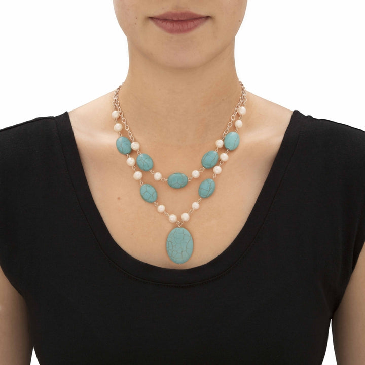 Genuine Turquoise and Cultured Freshwater Pearl Silvertone Necklace and Earrings Set Image 6