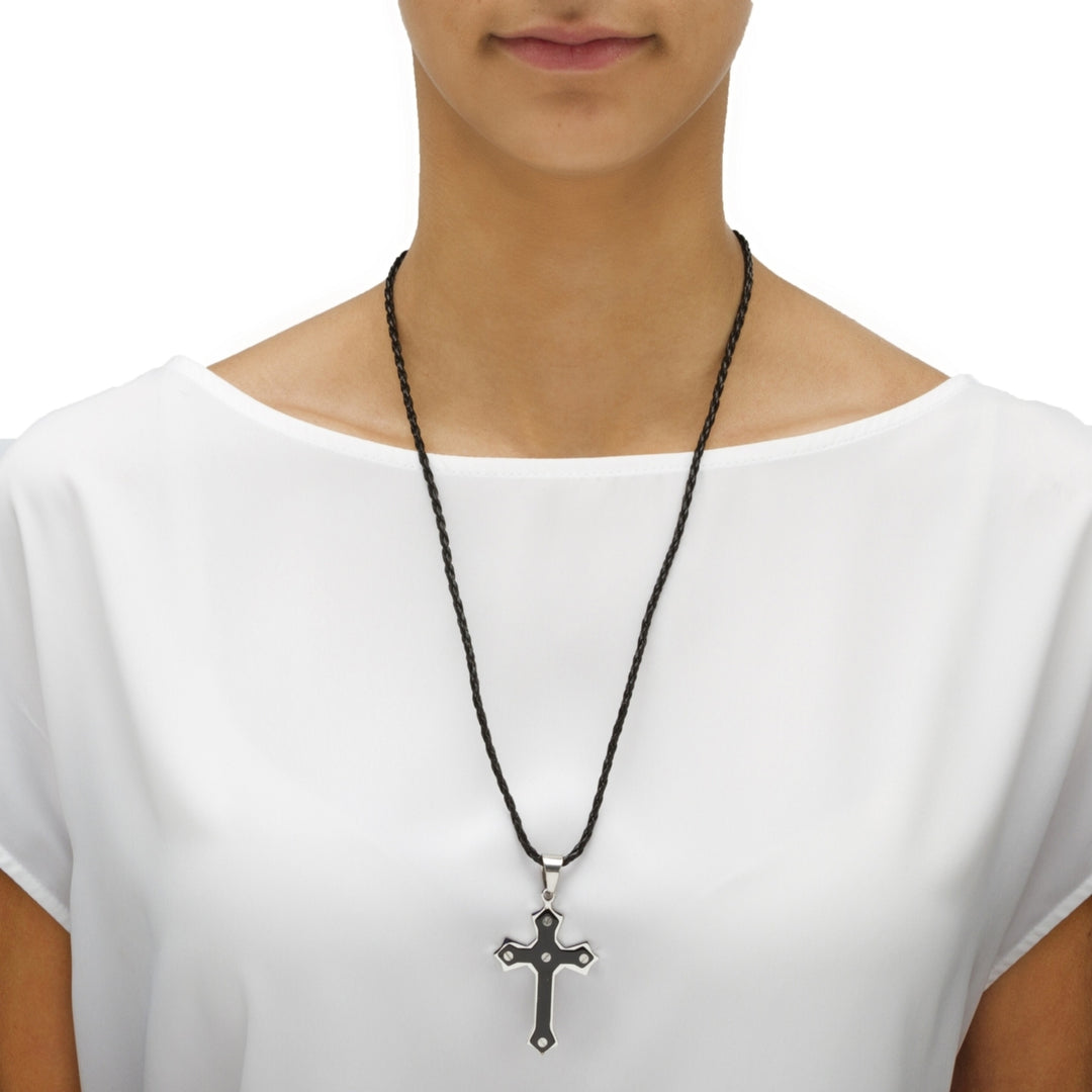 Cross Pendant and Rubber Necklace in Stainless Steel and Black Ion-Plated Stainless Steel Image 3