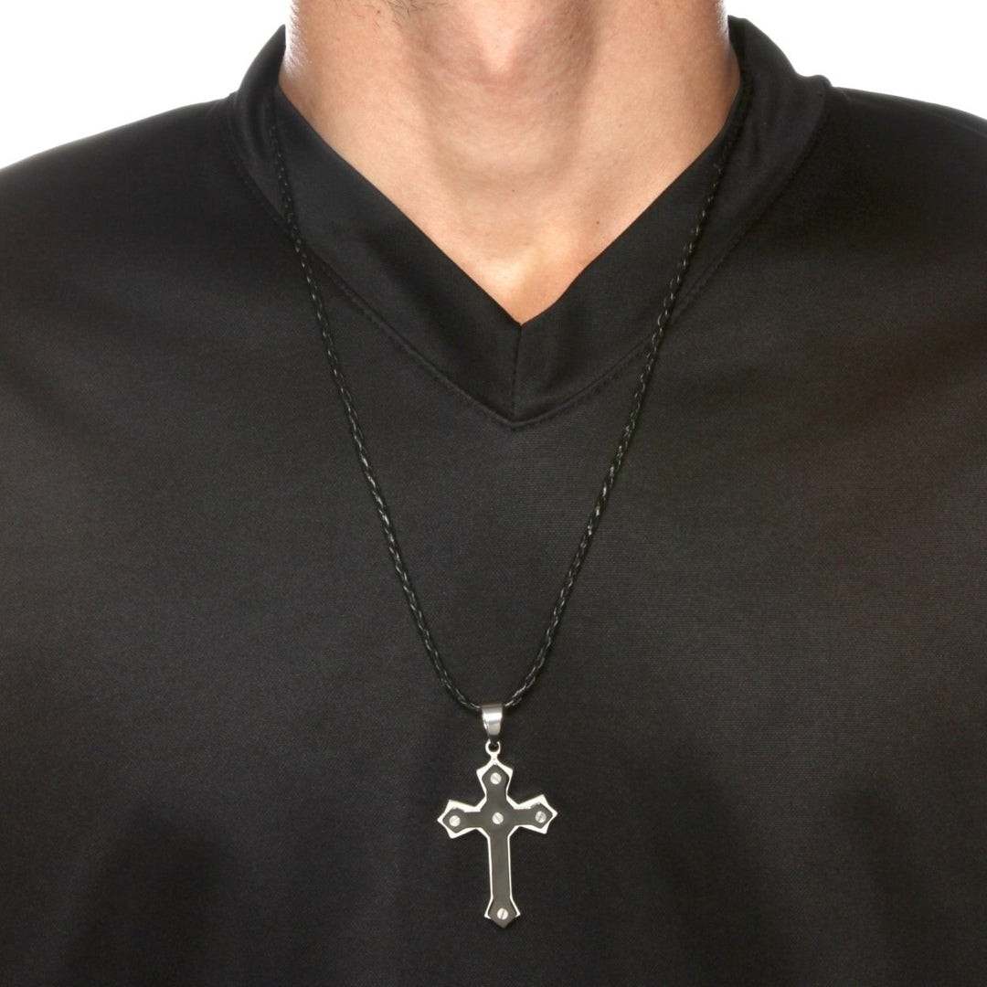 Cross Pendant and Rubber Necklace in Stainless Steel and Black Ion-Plated Stainless Steel Image 4