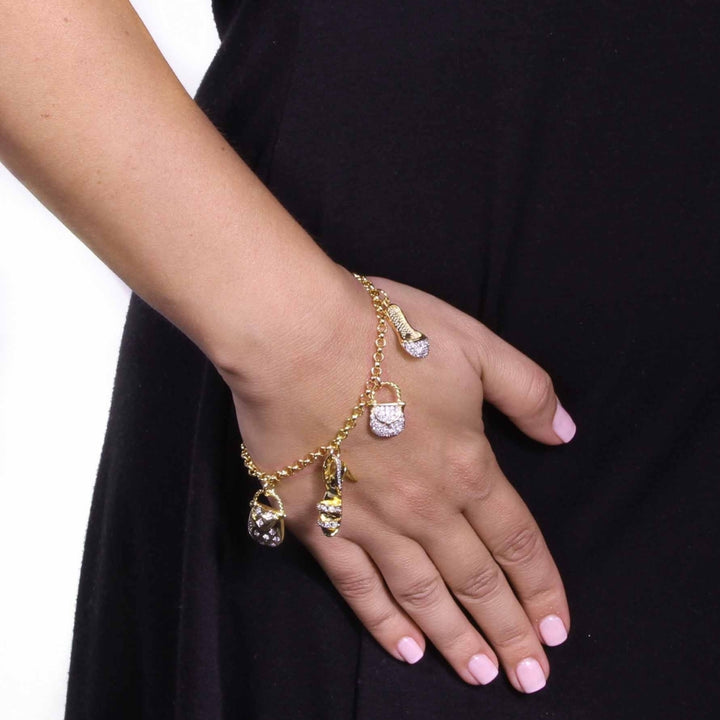 1.53 TCW Cubic Zirconia Purses and Shoes Charm Bracelet in Yellow Gold Tone Image 3
