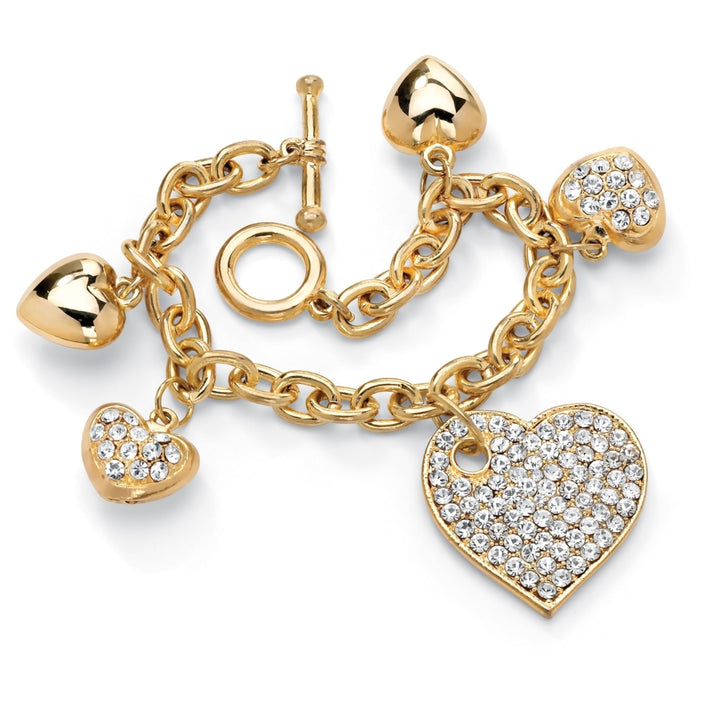 Crystal Multi-Heart Charm Bracelet in Yellow Gold Tone 8" Image 1