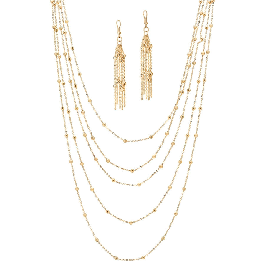 2 Piece Multi-Chain Beaded Station Necklace and Drop Earrings Set in Yellow Gold Tone 33" Image 1