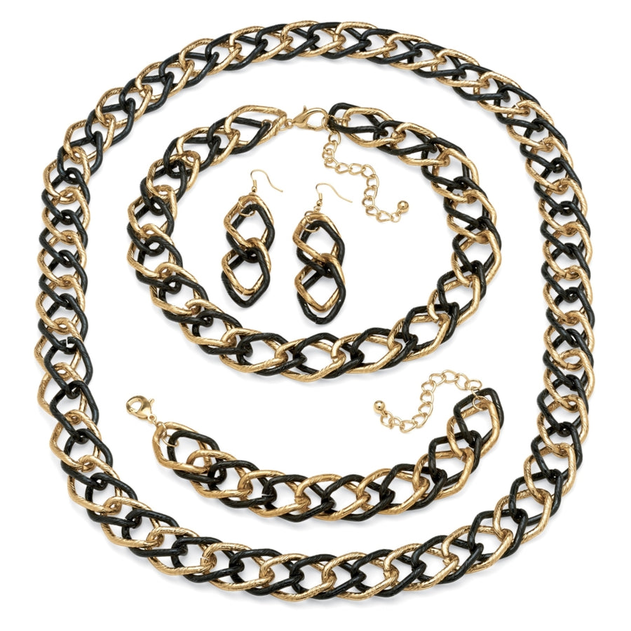 3 Piece Double Curb-Link Jewelry Set in Yellow Gold Tone and Black Rhodium-Plated Image 1