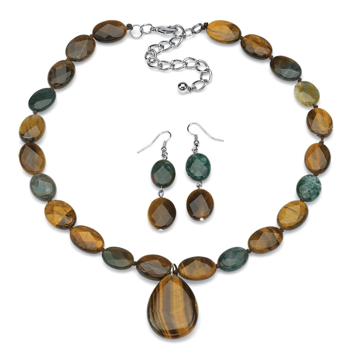 2 Piece Shell and Jasper Necklace and Earrings Set in Silvertone Image 1