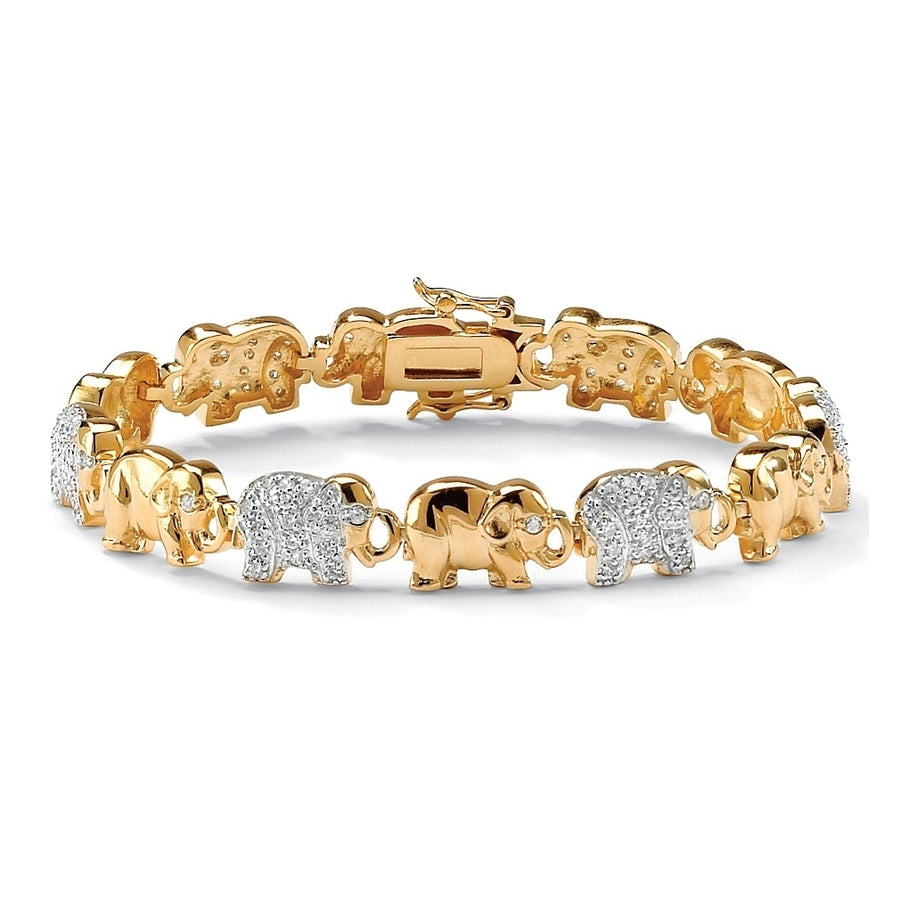 1.32 TCW Pave Cubic Zirconia Elephant-Link Charm Bracelet in 18k Gold-Plated 8" Image 1