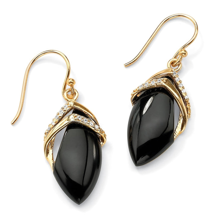 Marquise-Shaped Genuine Onyx Cubic Zirconia Accent 18k Gold-Plated Drop Earrings Image 1