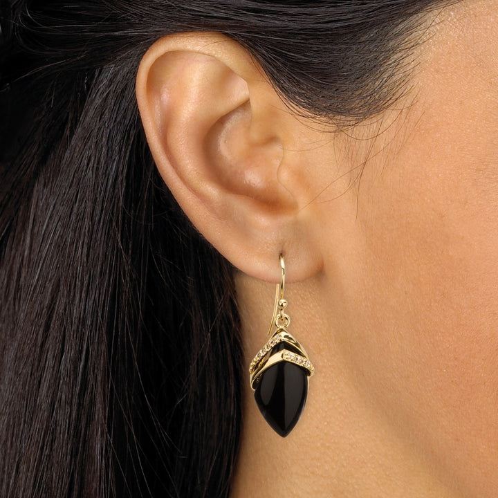 Marquise-Shaped Genuine Onyx Cubic Zirconia Accent 18k Gold-Plated Drop Earrings Image 3