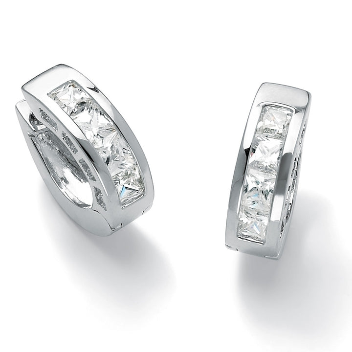 2.96 TCW Princess-Cut Cubic Zirconia Silvertone Channel-Set Huggie-Style Hoop Earrings Image 1