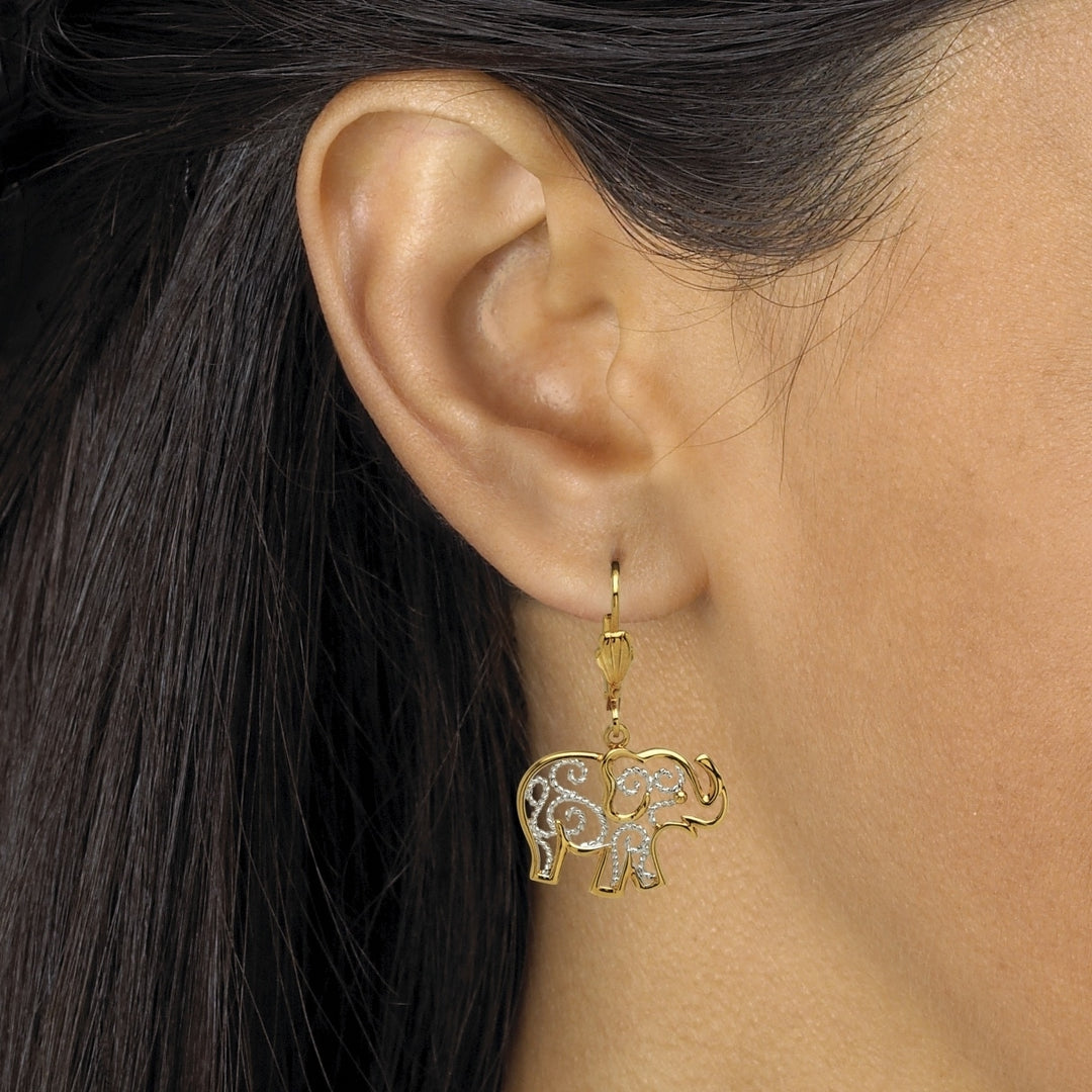 18k Gold-Plated Two-Tone Filigree Elephant Drop Earrings Image 3