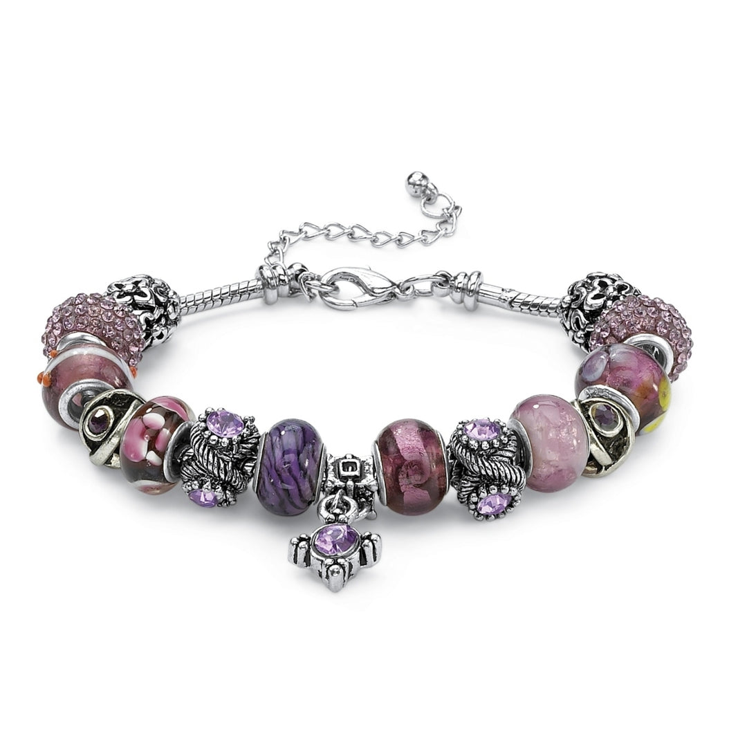 Round Purple Crystal Silvertone Bali-Style Beaded Charm and Spacer Bracelet 8" Image 1