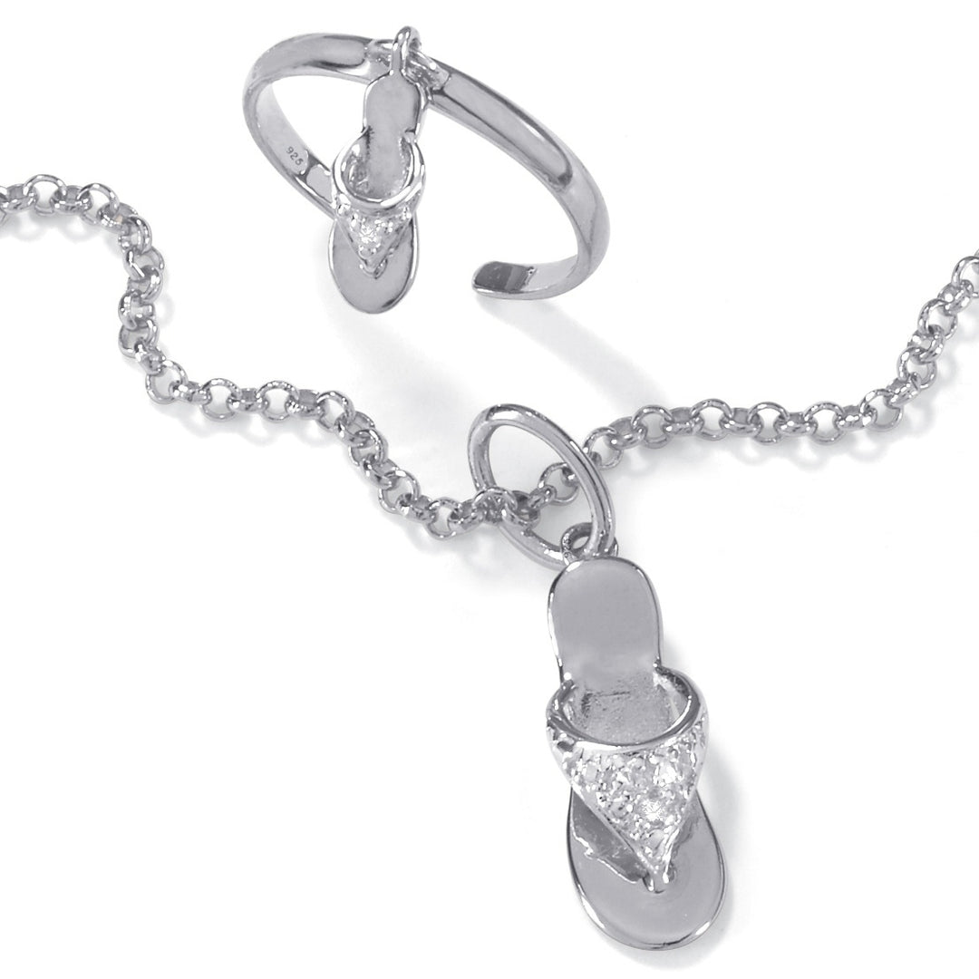 Diamond Accent Platinum over Silver 9" Flip-Flop Ankle Bracelet and Toe Ring Set Image 1