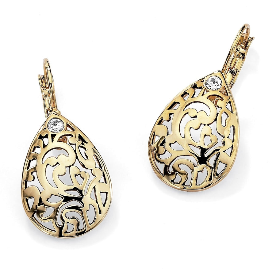 Round Crystal Accent 14k Gold-Plated Filigree Pear-Shaped Drop Earrings Image 1