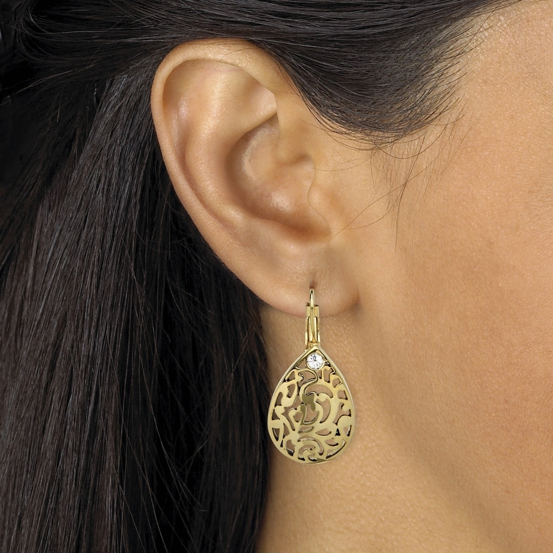 Round Crystal Accent 14k Gold-Plated Filigree Pear-Shaped Drop Earrings Image 3