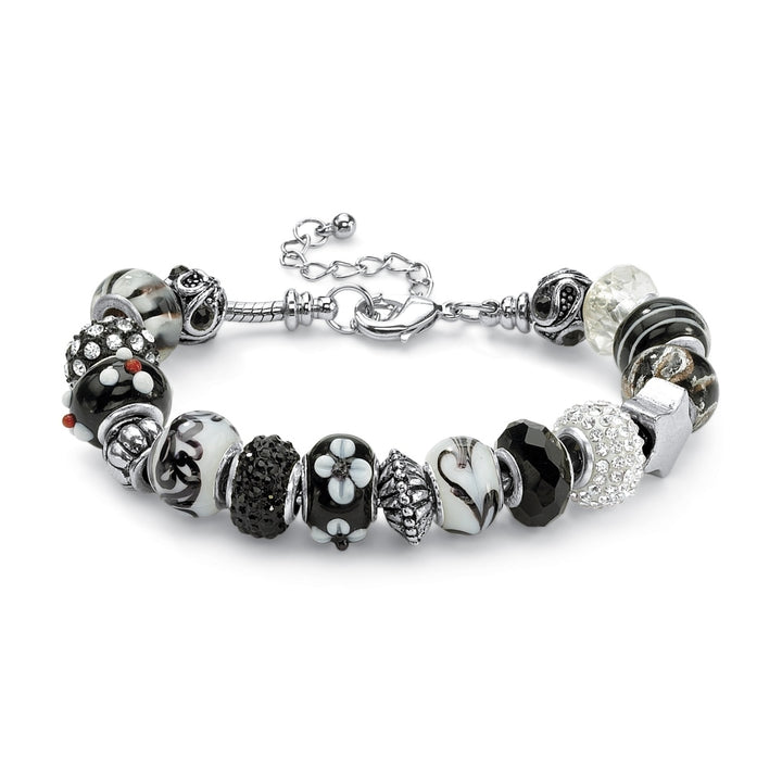 Round Black and White Crystal Silvertone Bali-Style Beaded Charm and Spacer Bracelet 8" Image 1