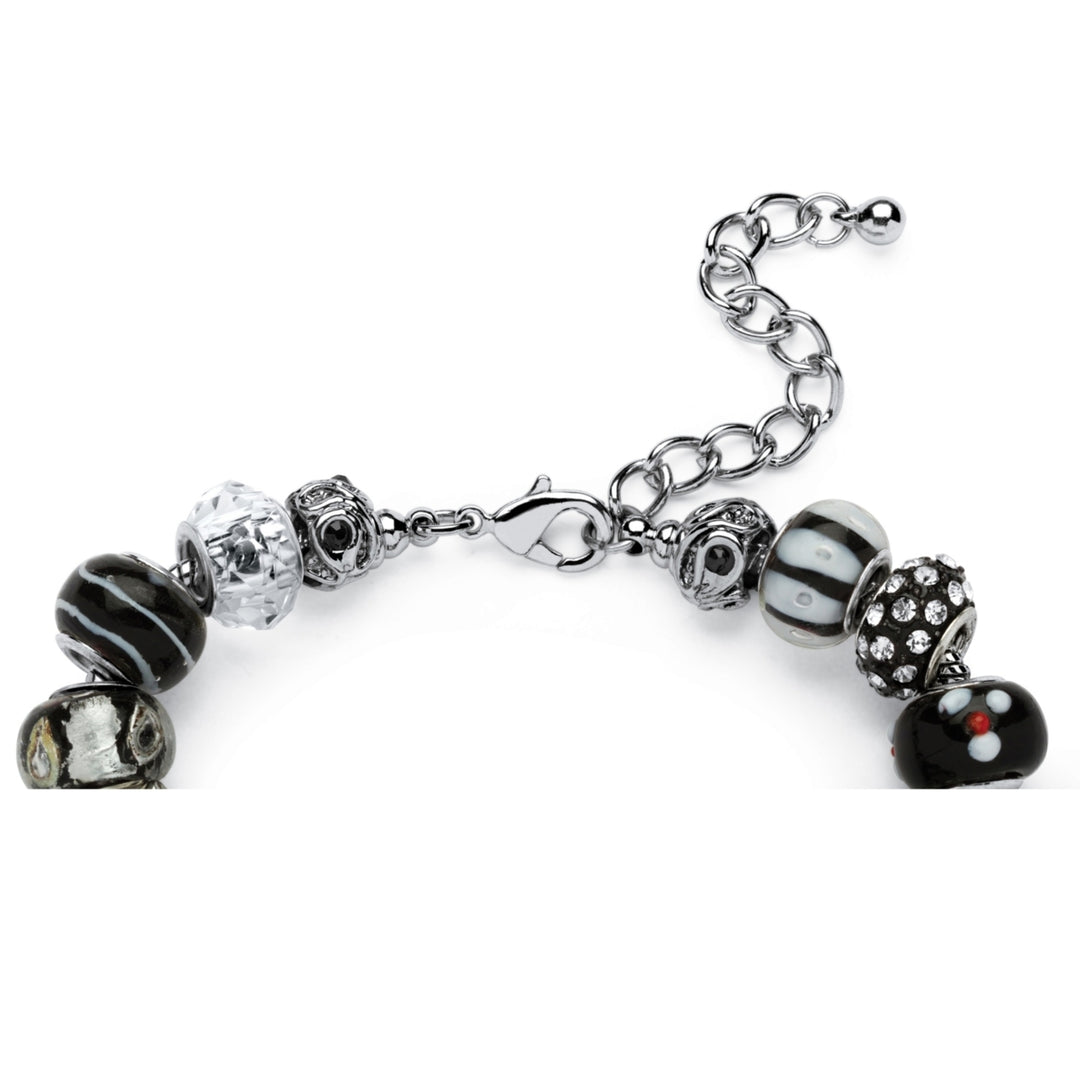 Round Black and White Crystal Silvertone Bali-Style Beaded Charm and Spacer Bracelet 8" Image 2