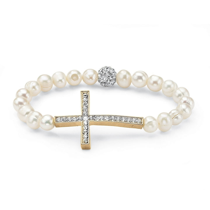 Genuine Cultured Pearl and Crystal Horizontal Cross Stretch Bracelet in Yellow Gold Tone 8" Image 1