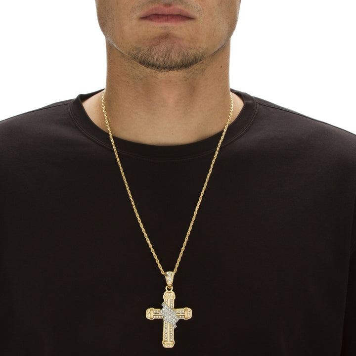 Mens Crystal Wrapped Cross Pendant and Chain in Yellow Gold Tone 24" Image 3