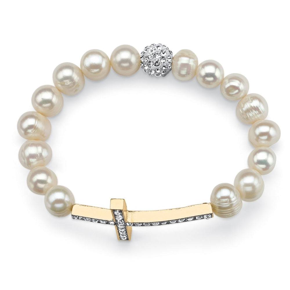 Genuine Cultured Pearl and Crystal Horizontal Cross Stretch Bracelet in Yellow Gold Tone 8" Image 2