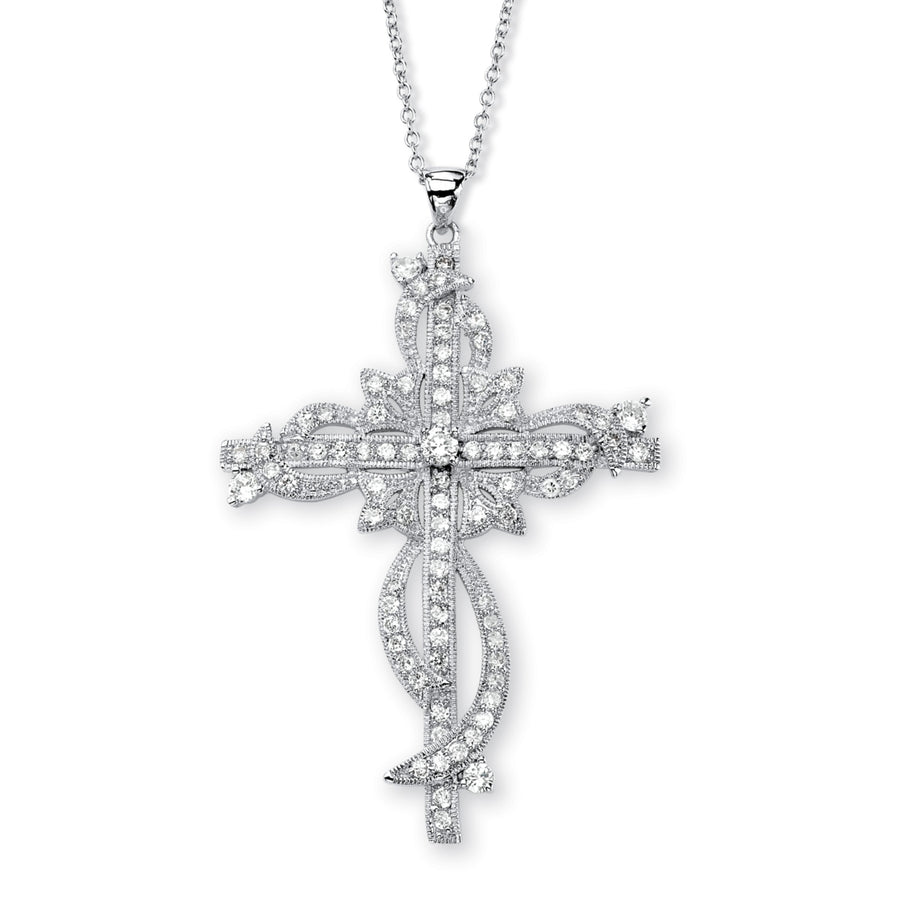 3.12 TCW Round Cubic Zirconia Cross Pendant Necklace in Silvertone 18" Image 1