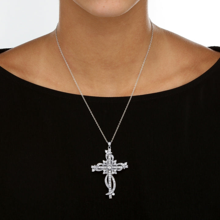 3.12 TCW Round Cubic Zirconia Cross Pendant Necklace in Silvertone 18" Image 3