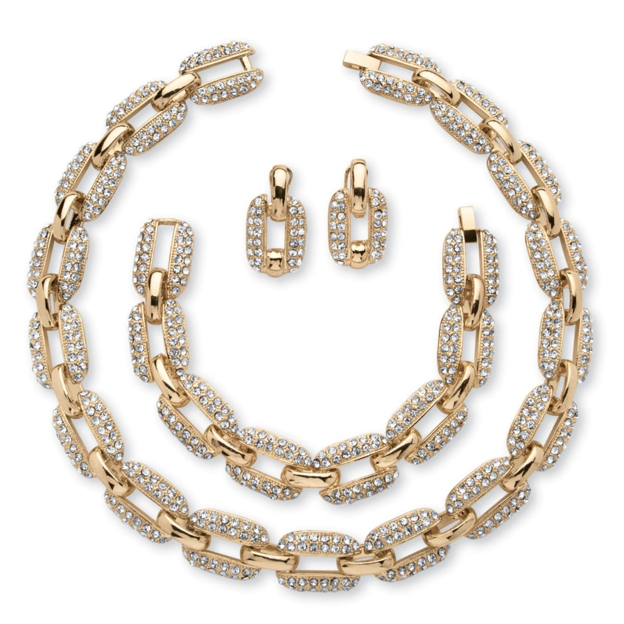 3 Piece Crystal Interlocking-Link NecklaceBracelet and Drop Earrings Set in Yellow Gold Tone Image 1