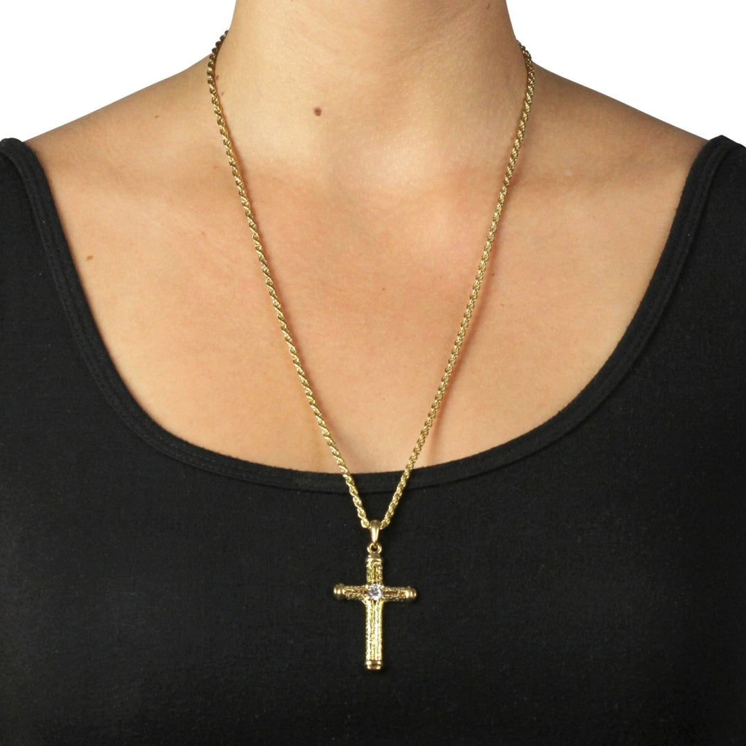 Crystal Decorative Cross Pendant Necklace in Yellow Gold Tone Image 3